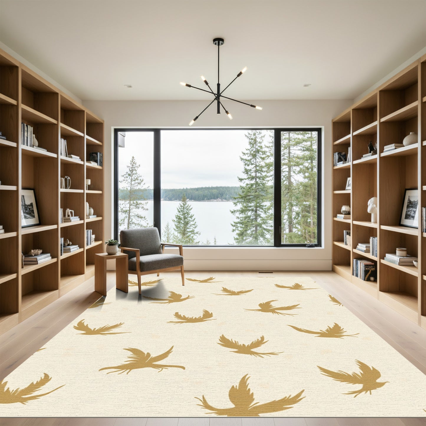 Golden Flying Birds Cream Background Rug