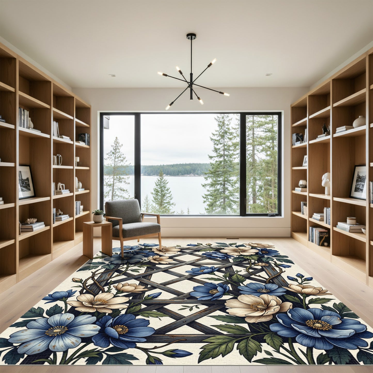 Blue Cream Floral Lattice Garden Rug