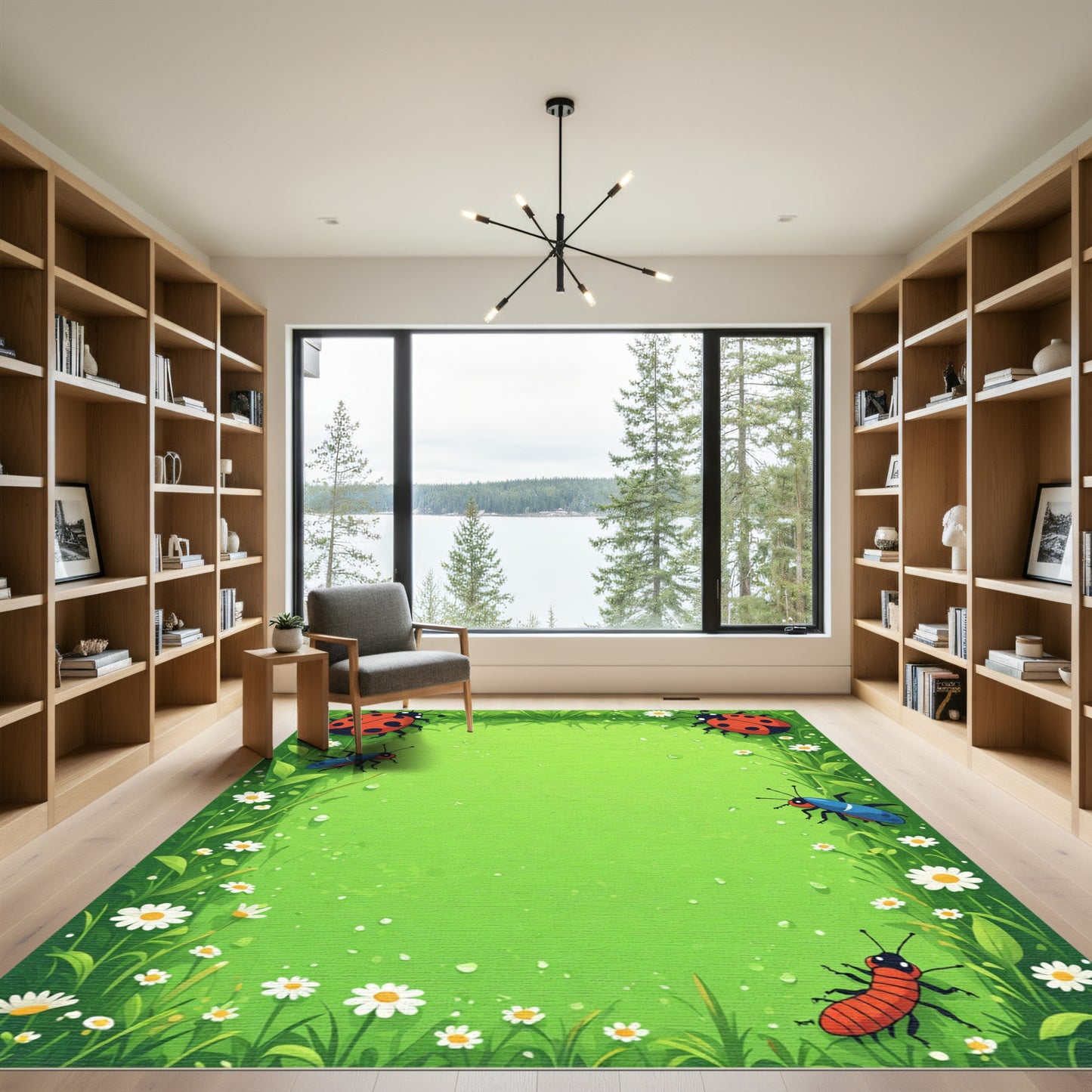 Vibrant Green Meadow Ladybug Insects Rug