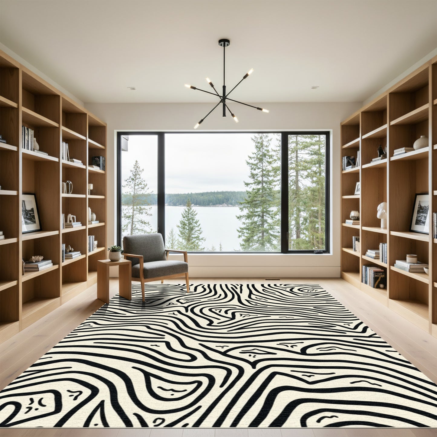 Cream And Black Contour Lines Rug