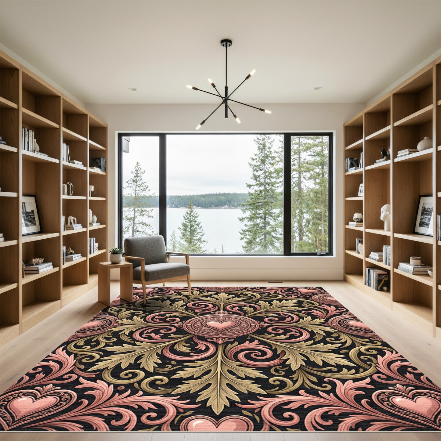 Rose Gold Heart Flourish Damask Rug