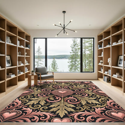 Rose Gold Heart Flourish Damask Rug