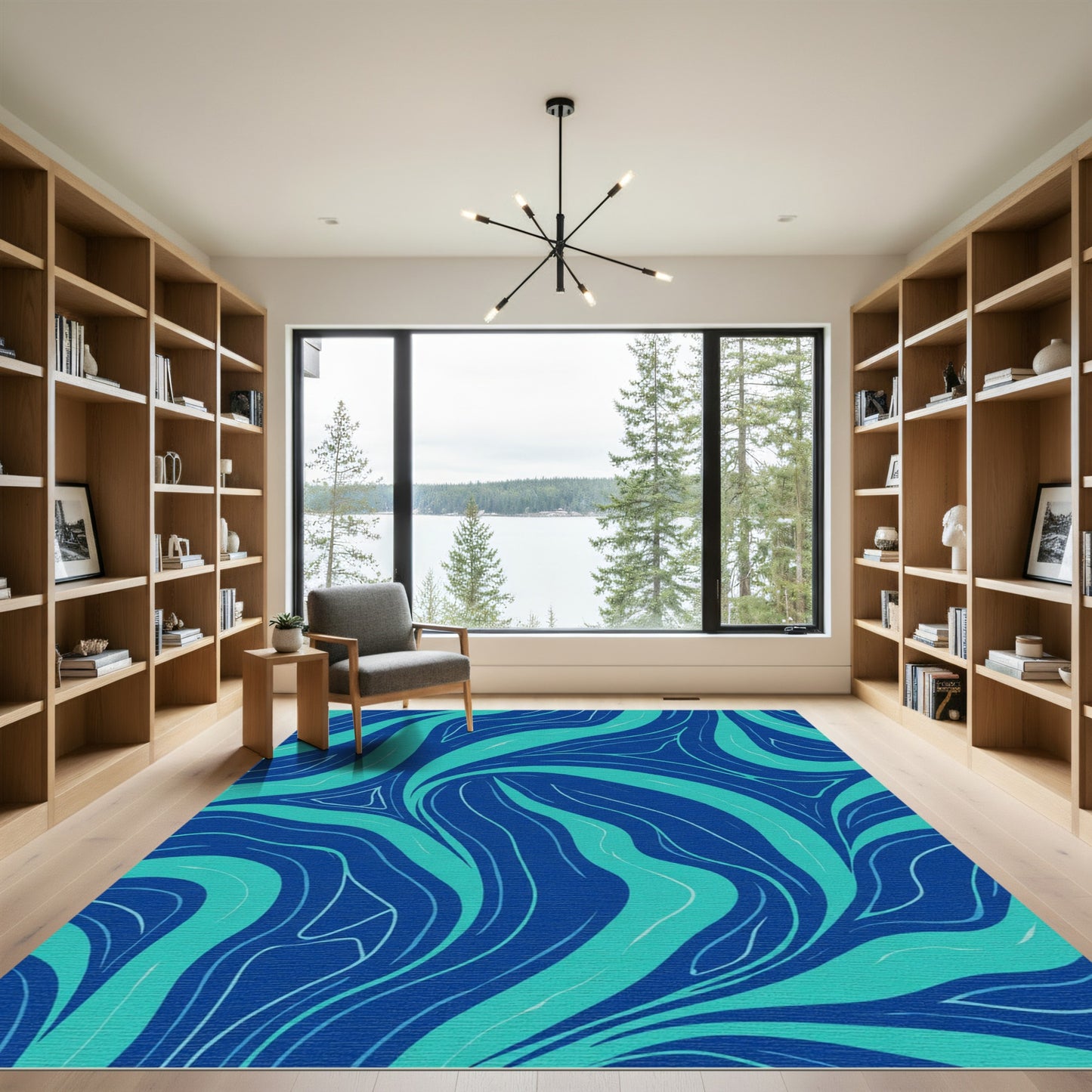 Deep Blue Teal Swirling Lines Rug