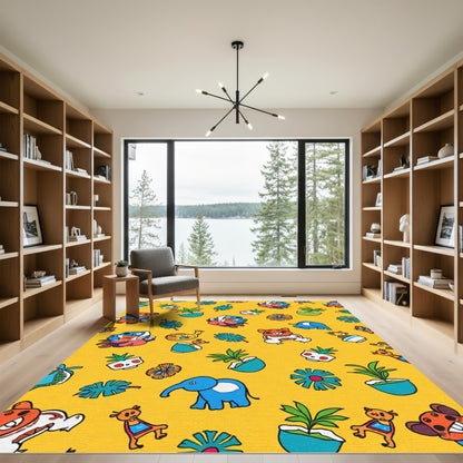 Whimsical Yellow Cartoon Animal Garden Rug
