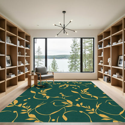 Golden Vine Leaf On Deep Teal Rug