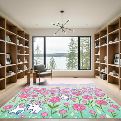 Whimsical Pink Unicorn Flower Meadow Rug