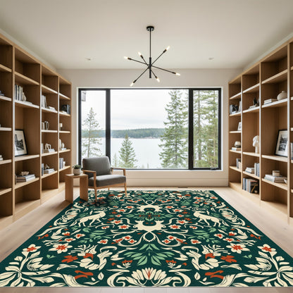 Deep Green Floral Deer Garden Arrangement Rug