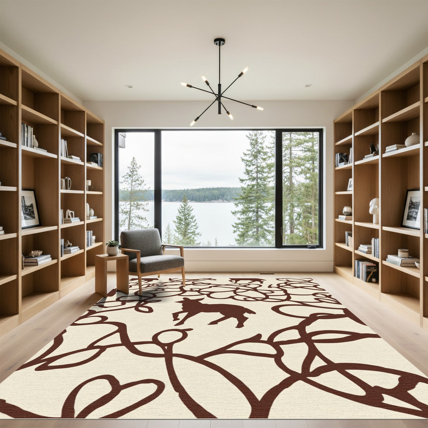 Brown Deer Forest Whimsical Line Art Rug