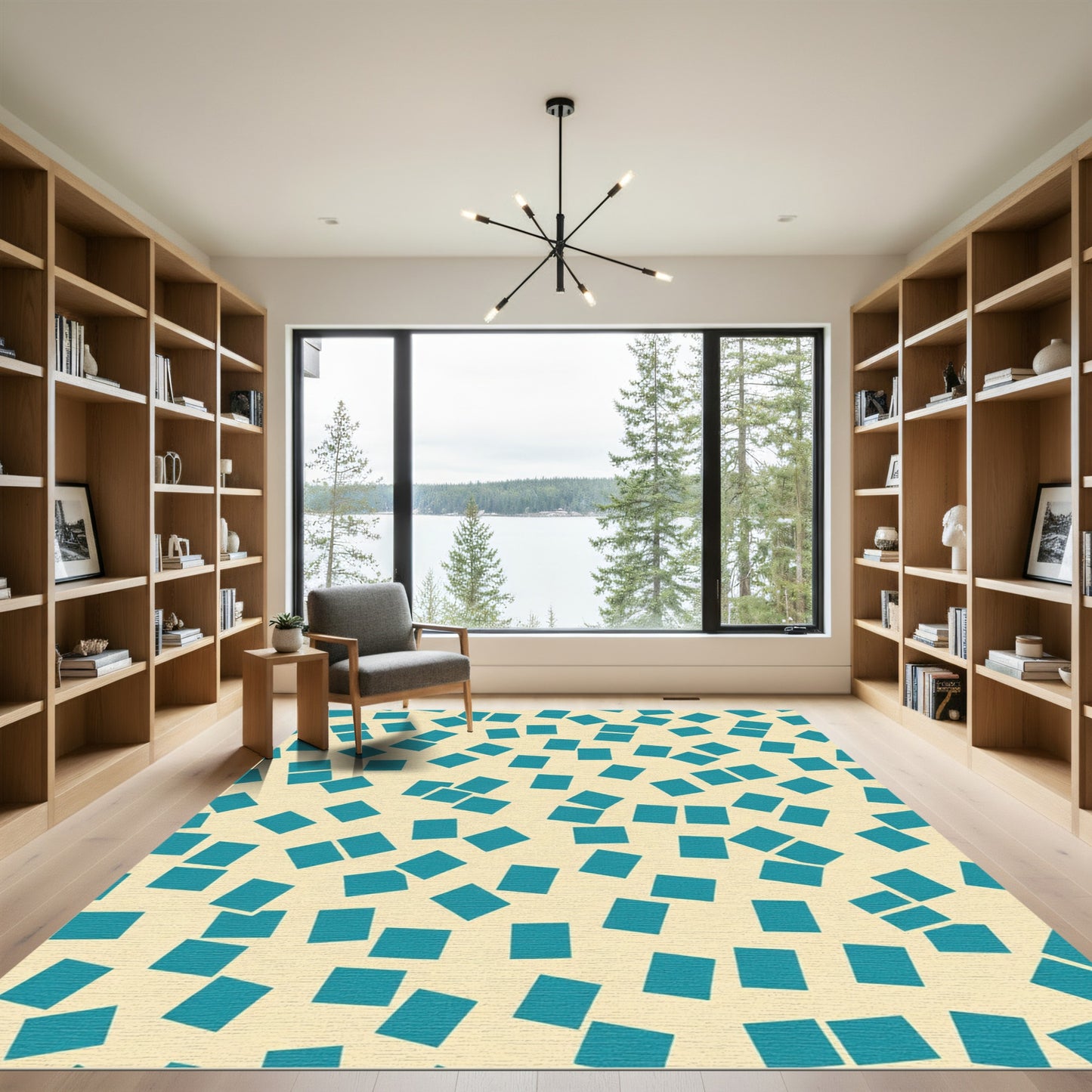 Teal Squares Scattered On Cream Background Rug