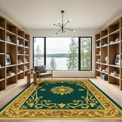 Regal Emerald Golden Floral Medallion Rug