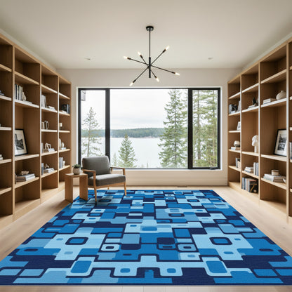 Deep Blue Abstract Geometric Block Rug