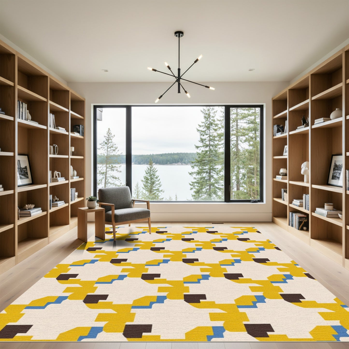 Yellow Blue Brown Geometric Overlay Rug