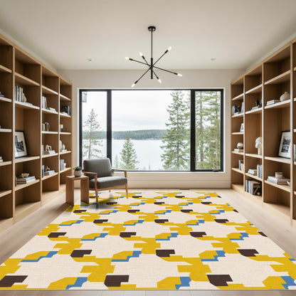 Yellow Blue Brown Geometric Overlay Rug