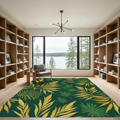 Golden Green Tropical Leaf Foliage Rug