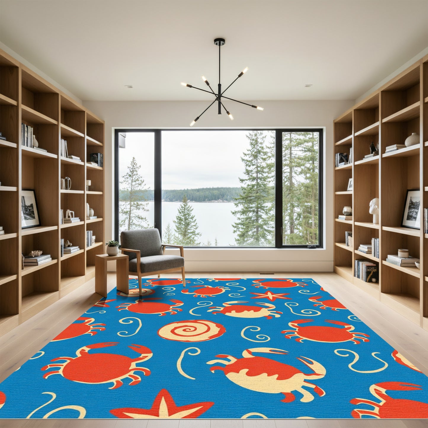 Red Orange Crab Coastal Swirls Rug