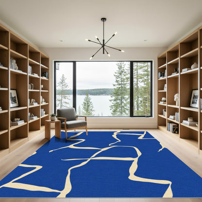 Bold Cobalt Cream Abstract Flow Rug