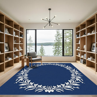 Classic White Floral Wreath Navy Rug
