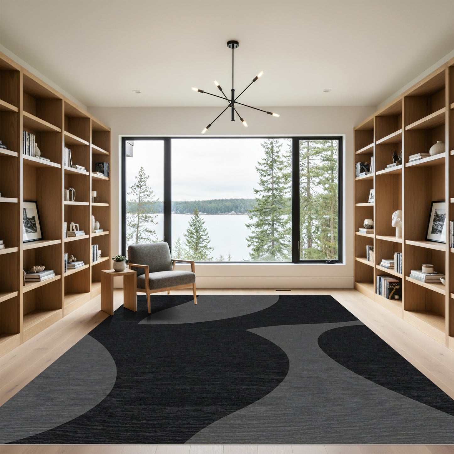 Black Gray Abstract Curve Composition Rug