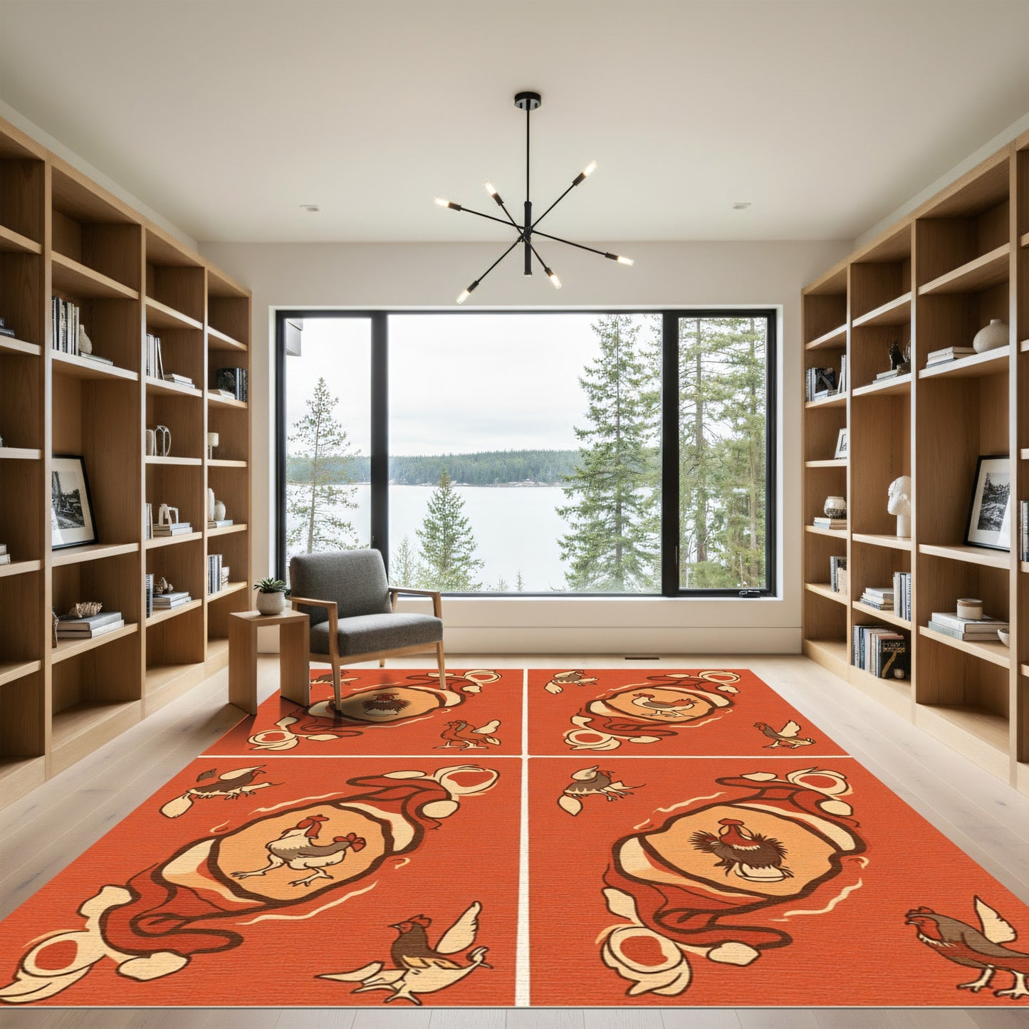 Orange Roosters Whimsical Farm Animal Rug