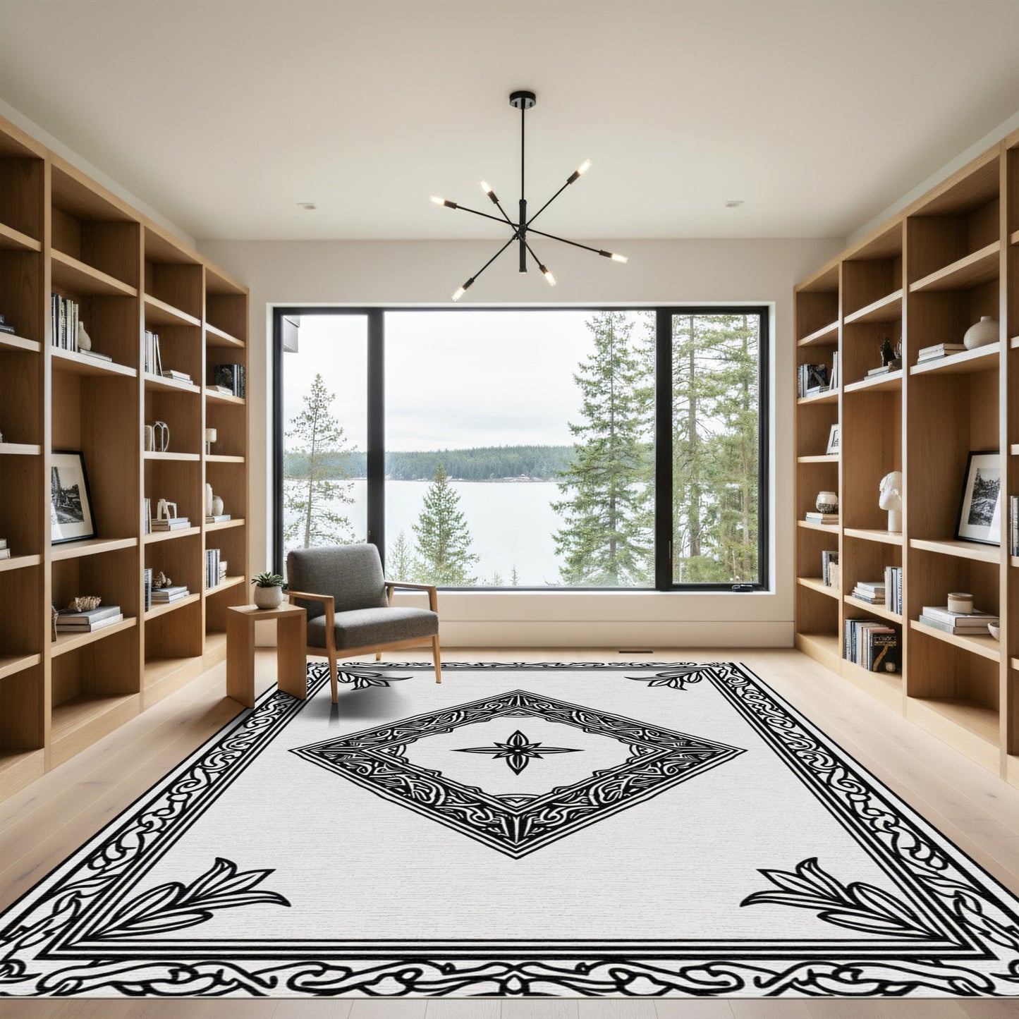 Black White Ornate Diamond Border Rug