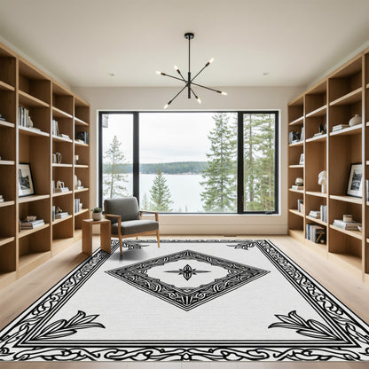 Black White Ornate Diamond Border Rug