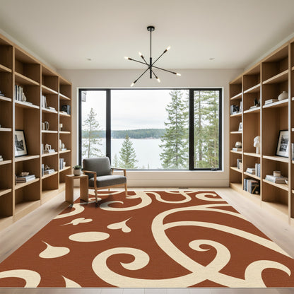 Cream Swirls on Rustic Brown Field Rug