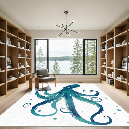 Blue Teal Square Octopus Illustration Rug