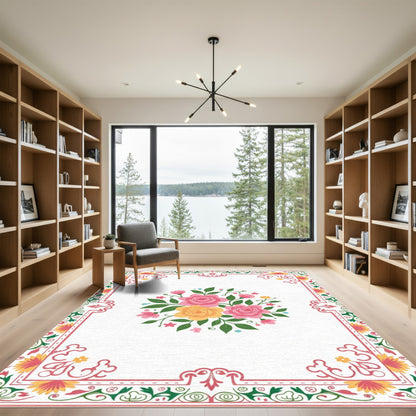 Pink Yellow Floral Bouquet Border Rug