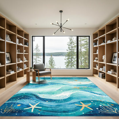 Teal Waves Gold Starfish Rug