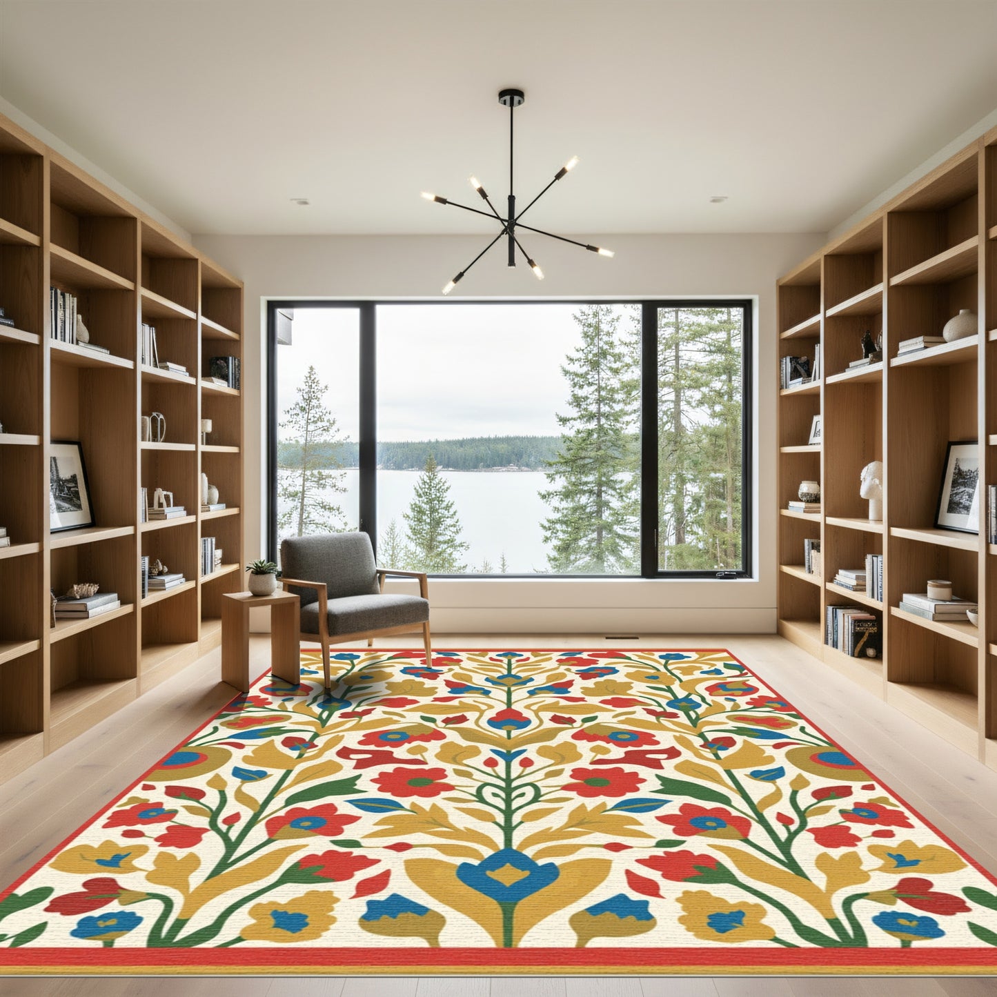 Rich Red Blue Floral Symmetry Rug