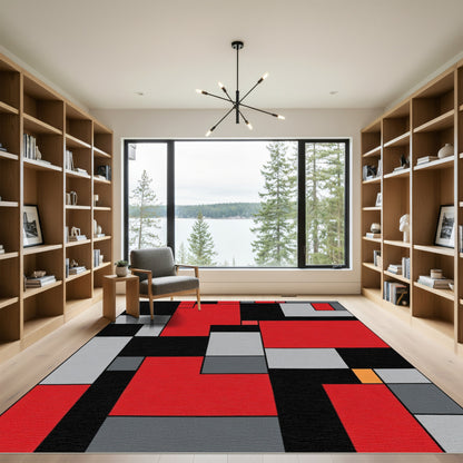 Modern Red Black Geometric Block Rug