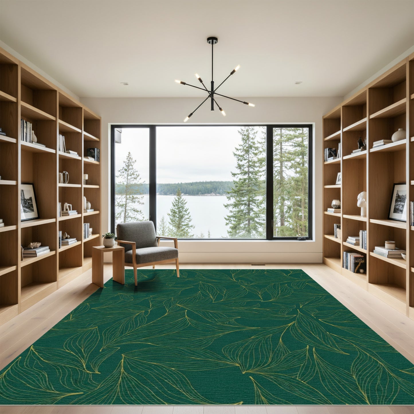 Deep Emerald Gold Outline Leafy Rug