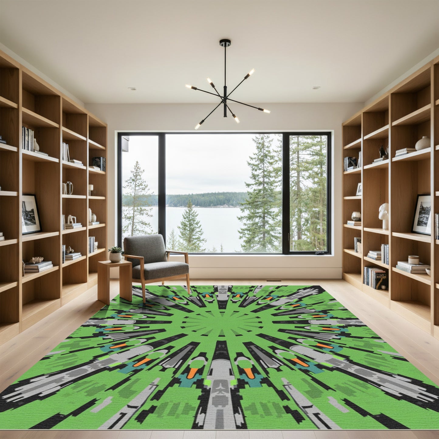 Vibrant Green Abstract Sunburst Rug