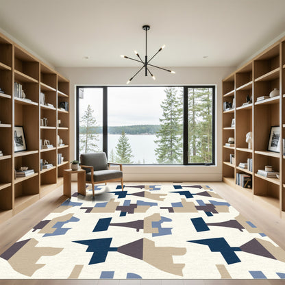 Abstract Geometric Shapes Blue Brown Rug