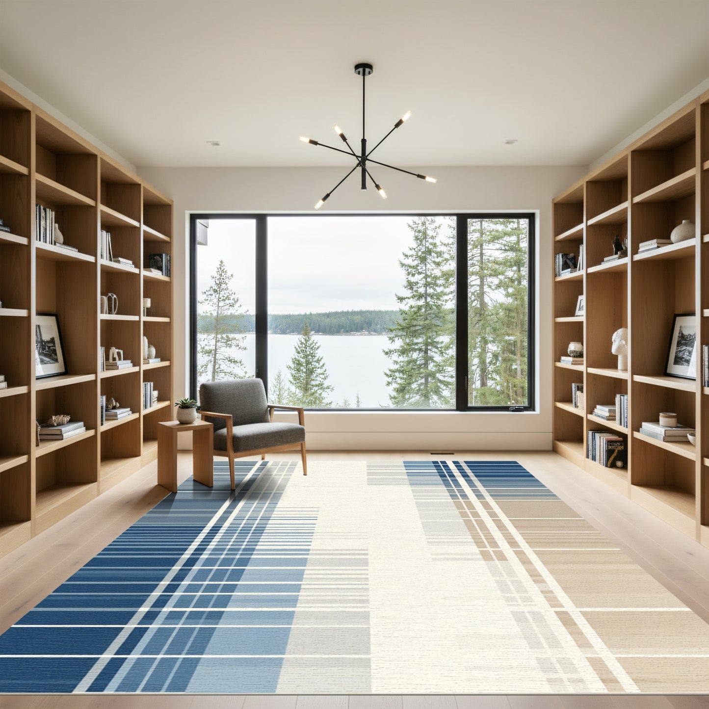 Modern Blue Tan Geometric Stripe Rug