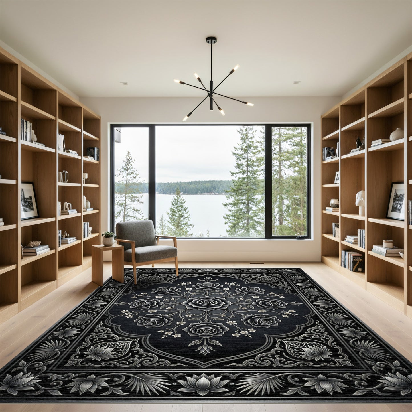 Ornate Black Rose Floral Arch Rug