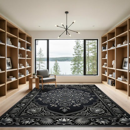 Ornate Black Rose Floral Arch Rug