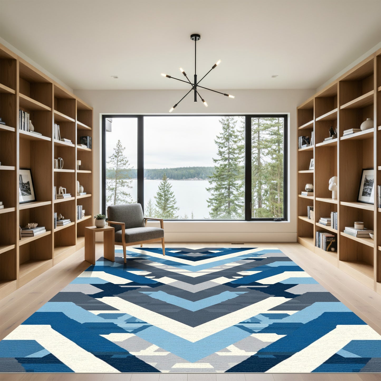 Modern Blue Geometric Chevron Rug