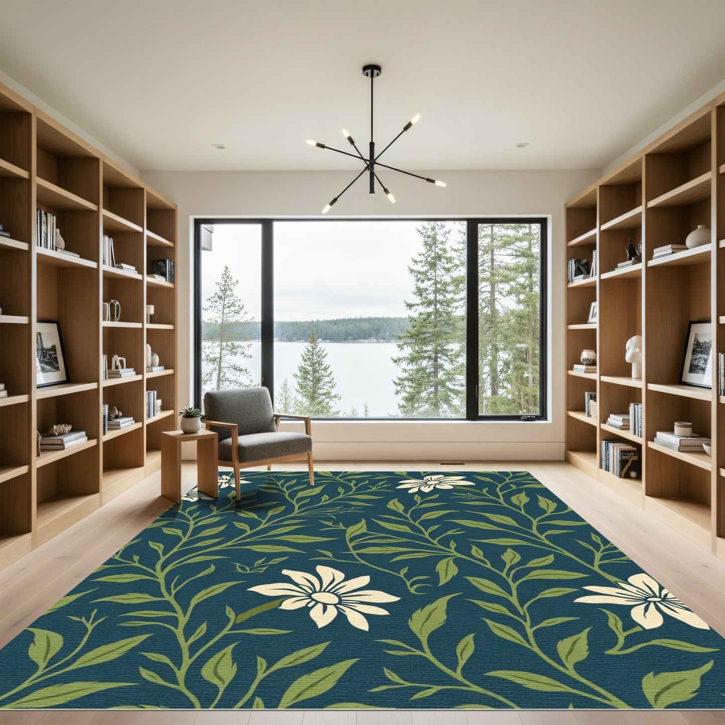 Navy Cream Floral Vine Silhouette Rug