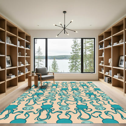 Teal Octopus Skull Whimsical Swirl Rug