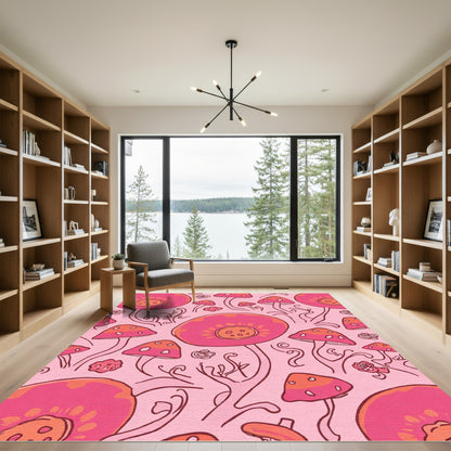 Pink Whimsical Mushroom Garden Art Rug