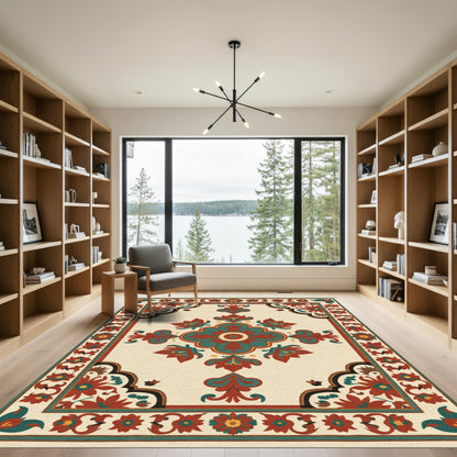 Crimson Teal Floral Quadrant Medallion Rug