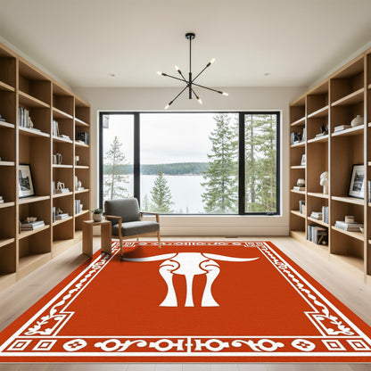 Bold White Bull Tribal Border Rug