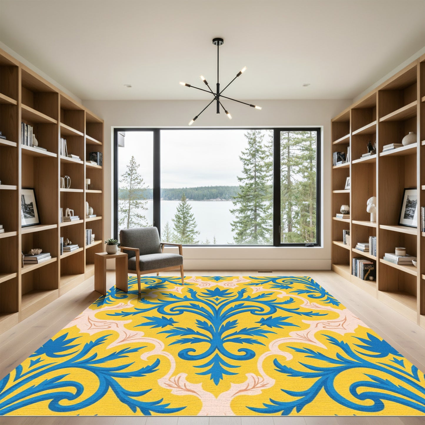 Bold Blue Acanthus Flourish Yellow Background Rug