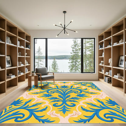 Bold Blue Acanthus Flourish Yellow Background Rug