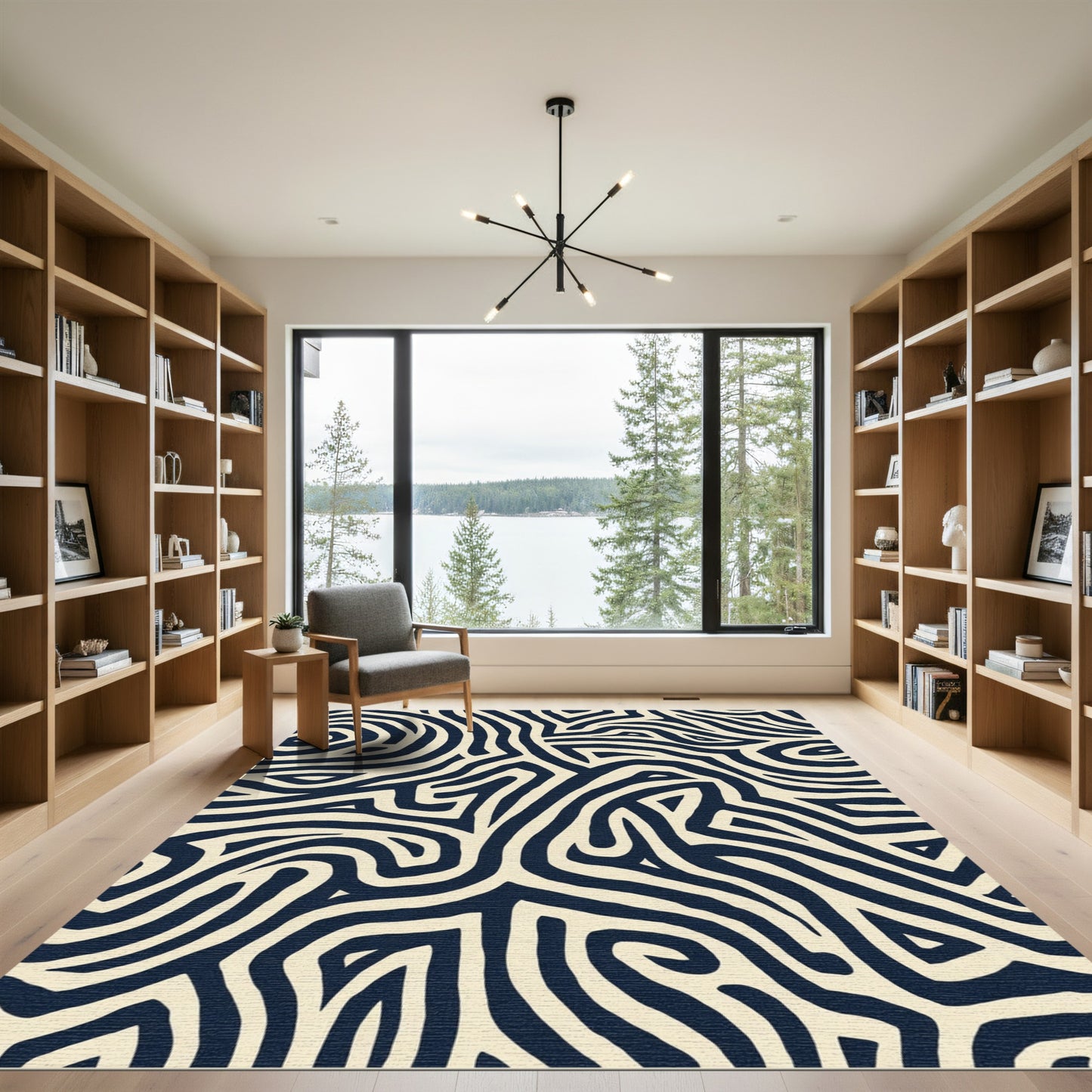 Deep Navy Ivory Abstract Maze Rug