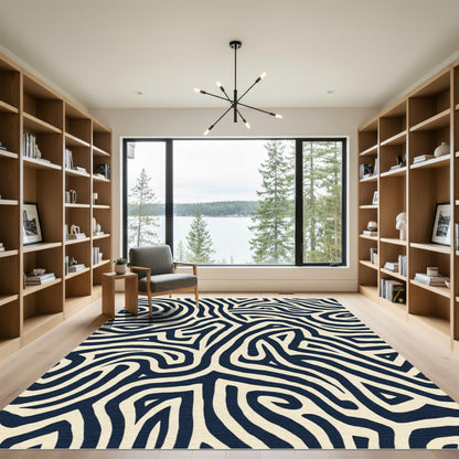 Deep Navy Ivory Abstract Maze Rug
