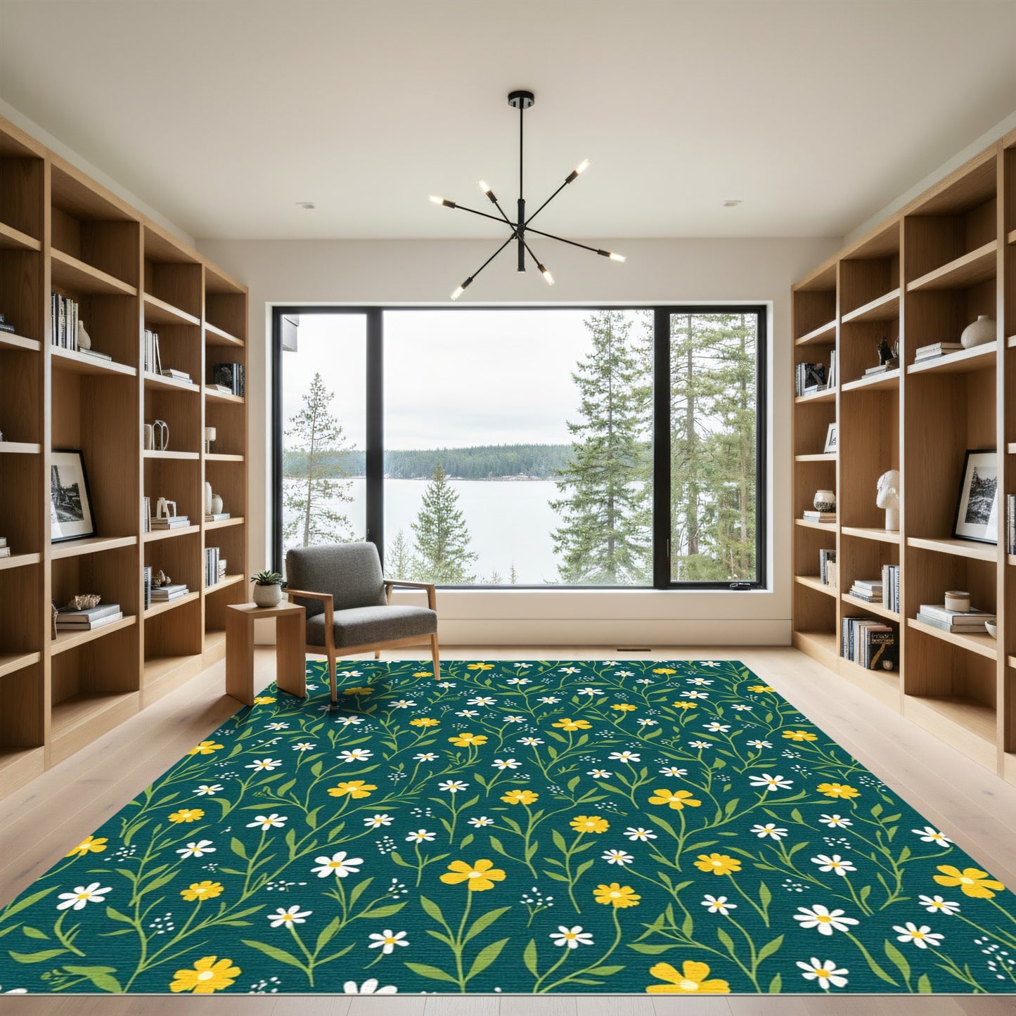 Teal Backyard Yellow White Floral Vines Rug