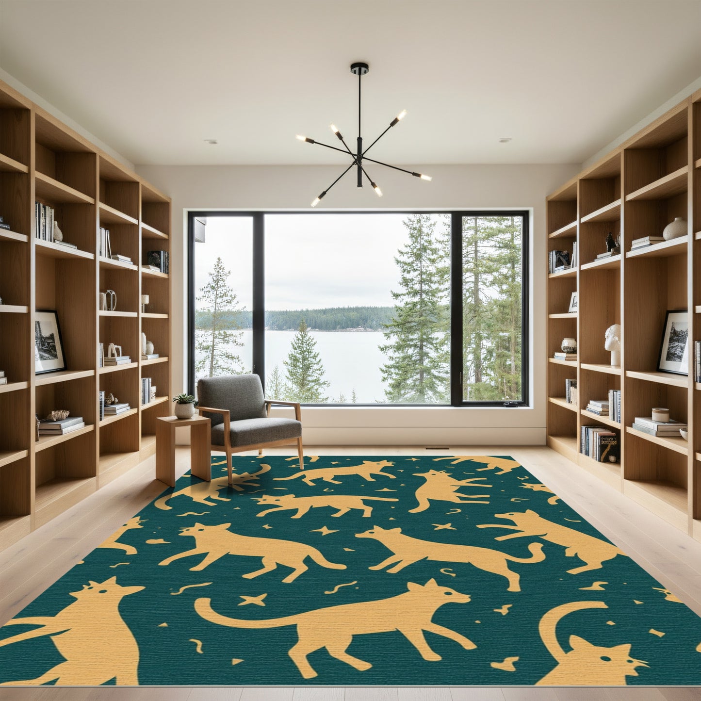 Golden Cats Stars Emerald Background Rug