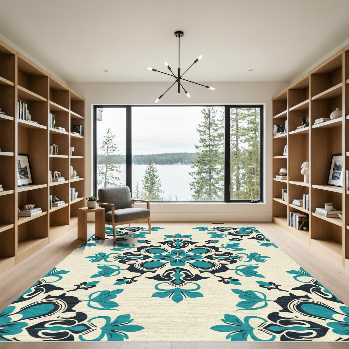 Teal Cream Symmetry Floral Medallion Rug